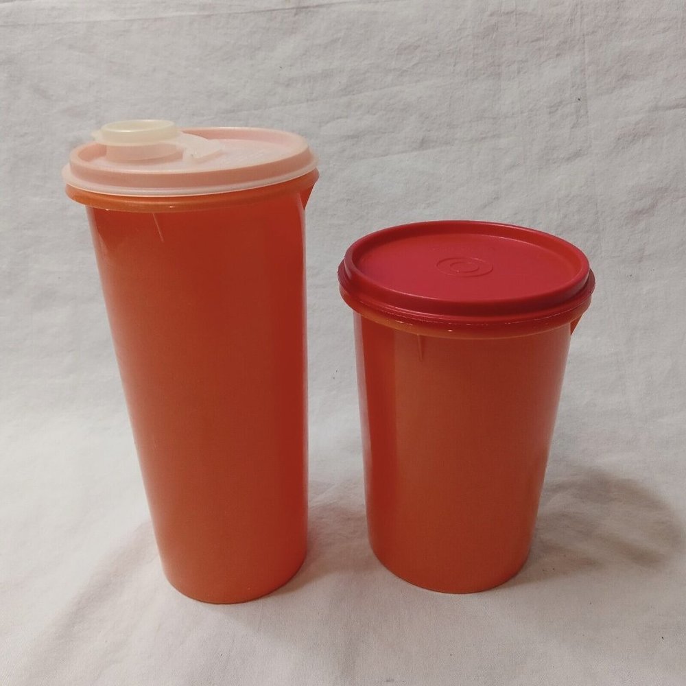 Vintage Tupperware Orange Handolier Pitcher Pour Lid 603-1 + Canister Lot of 2